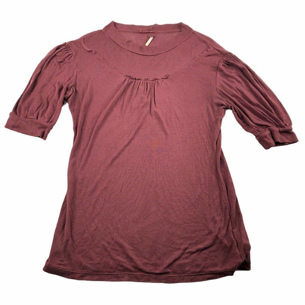 Free People Maroon Sheer Inset Short Sleeve Top